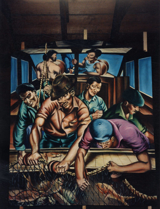 mural of people working nets on a fishing boat