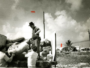 A man in a police uniform stands in the back of a truck being loaded with bales.