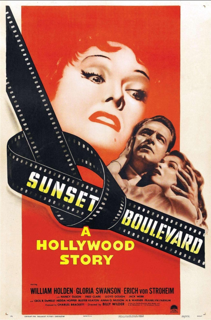 Sunset Boulevard. A Hollywood story. images of a woman looking at smaller images of a man and another woman.
