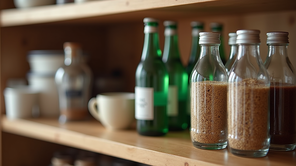 Close-up of a stocked pantry with coffee and sparkling water options