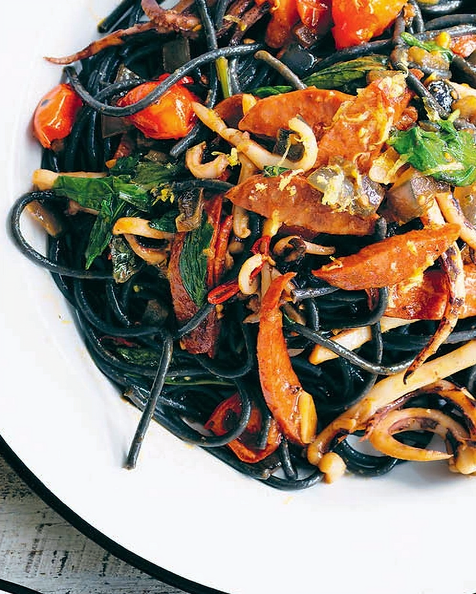 Squid Ink Pasta with Cuttlefish, Chorizo, Tomatoes & Basil