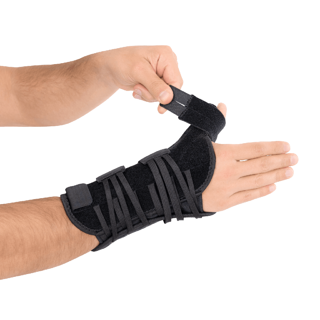 Quick Lace Thumb Brace man shown putting on