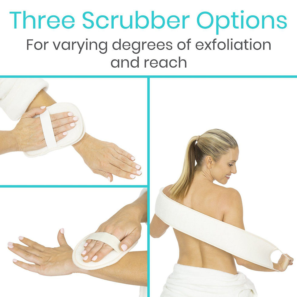 Lady using body scrubbing set  showing the three options