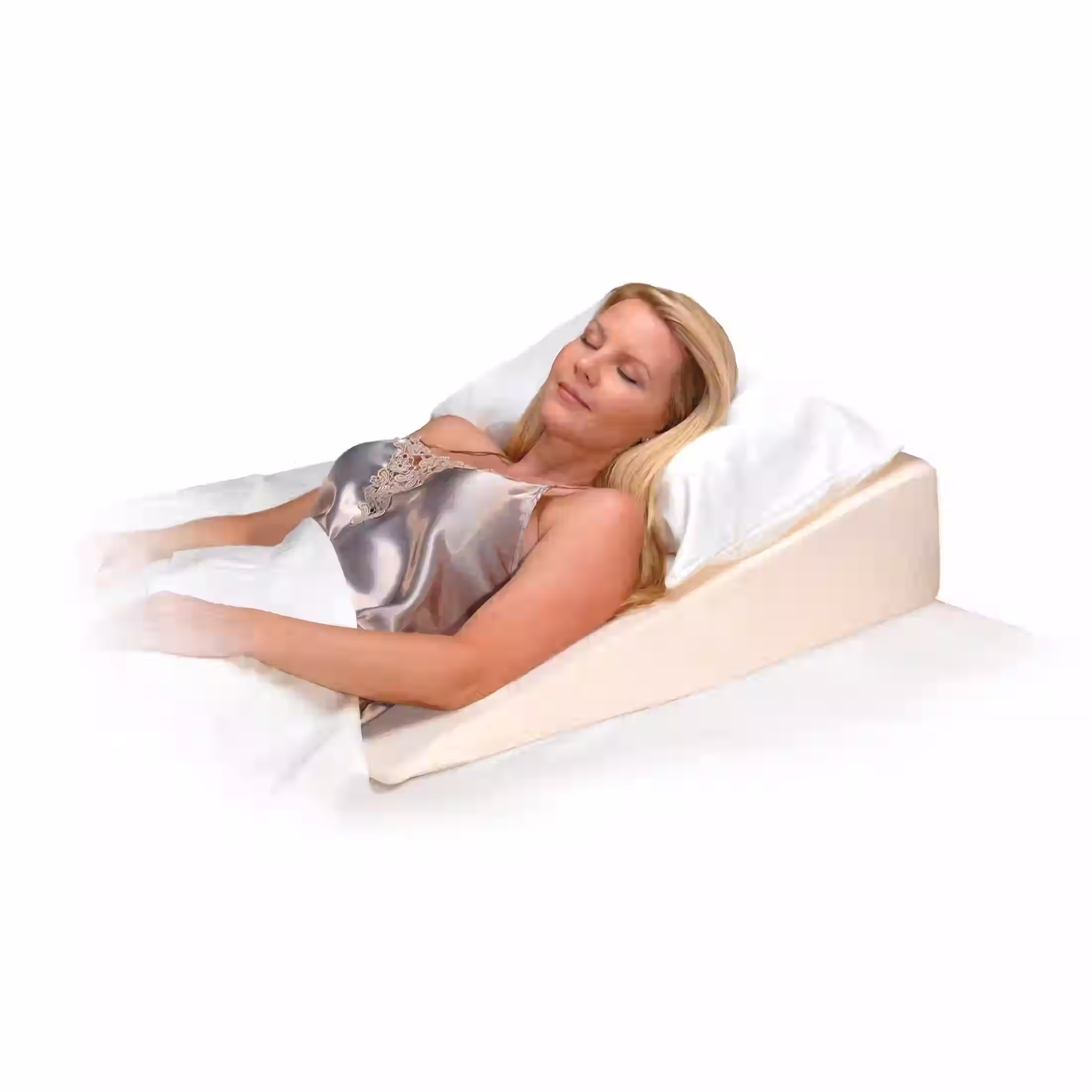 Contour Folding Bed Wedge Cushion shown with lady sleeping on