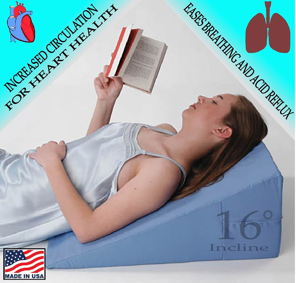 lady lying on her orthotic bed wedge made in Texas and washable