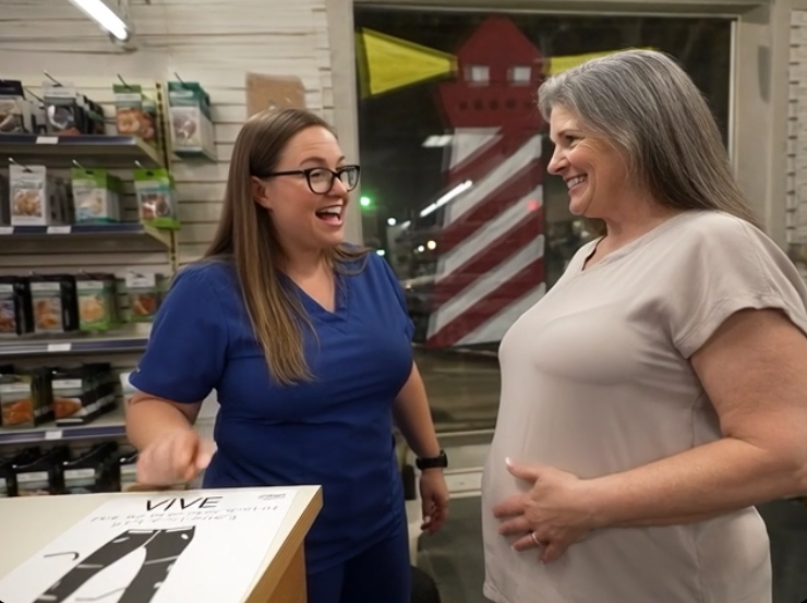 Eye-level view of a medical supply store aisle with mobility aids
