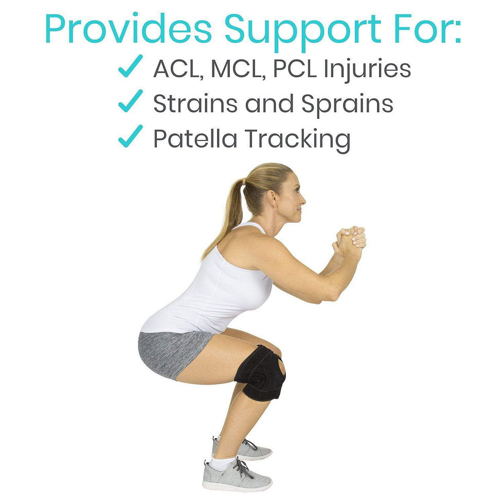 Thumbnail: Knee Brace w side splints lady squatting showing support for ACL, MCL, PCL, Strains, Sprains and patella tracking