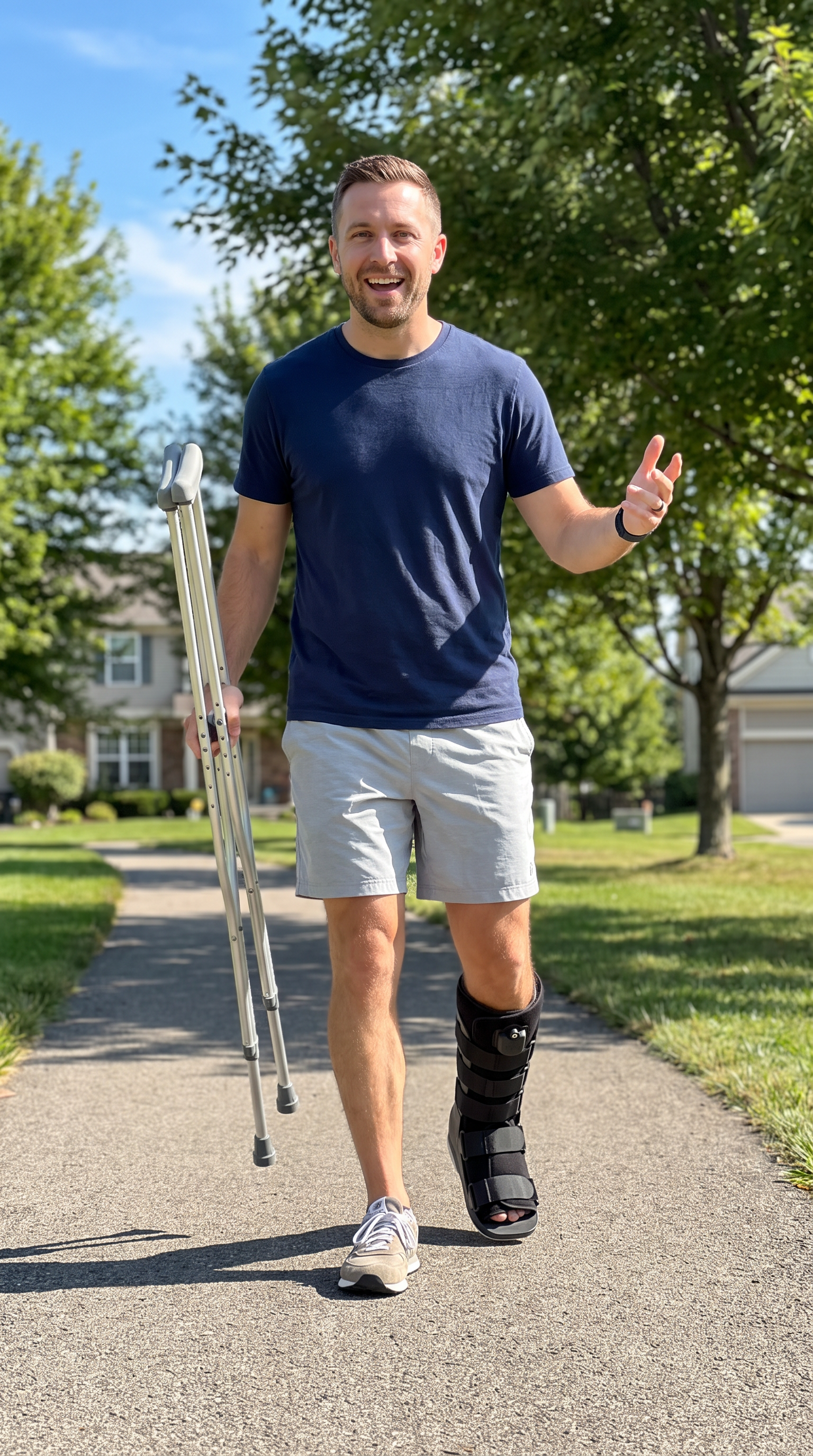 Tall Pneumatic Walking boot worn by man walking <iframe src="https://www.facebook.com/plugins/video.php?height=476&href=https