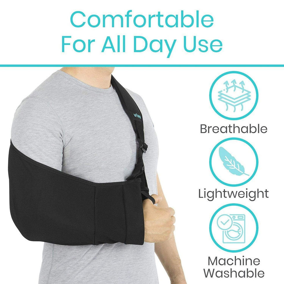 Thumbnail: Arm Sling shown on mans shoulder and arm breathable, lightweight and washable