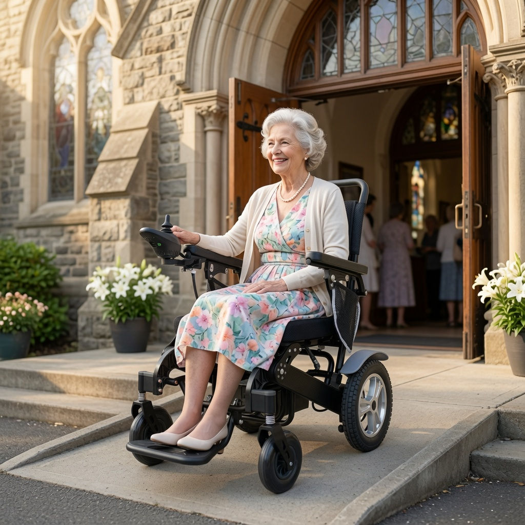 Lady leaving church in her Power Wheelchair Foldable