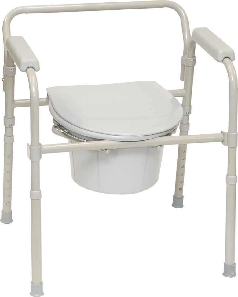 image of bedside commode that has 3in1 uses as bedside commode, over toilet commode, or shower chair