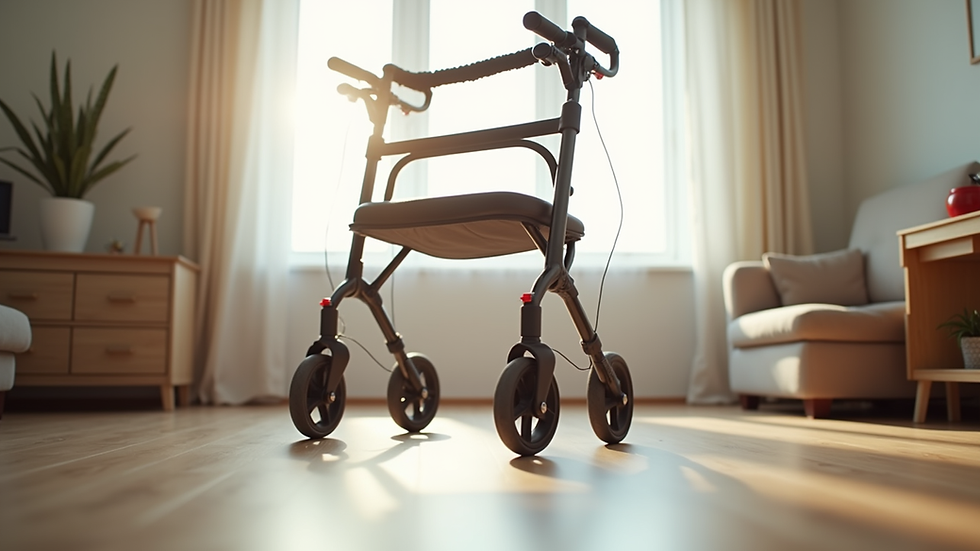 Eye-level view of a lightweight walker with wheels in a bright living room