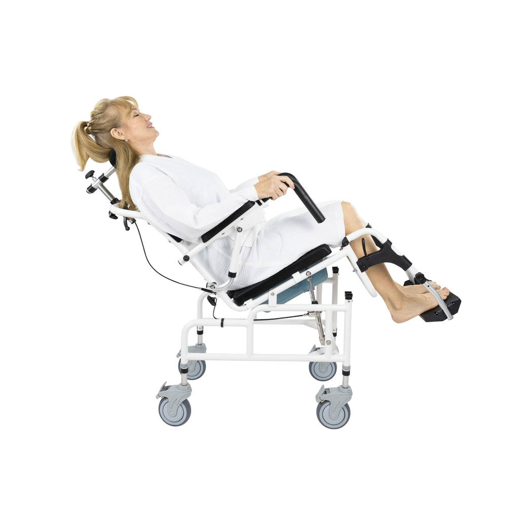Reclining Shower Commode Transport Chair shown with lady in tilted position