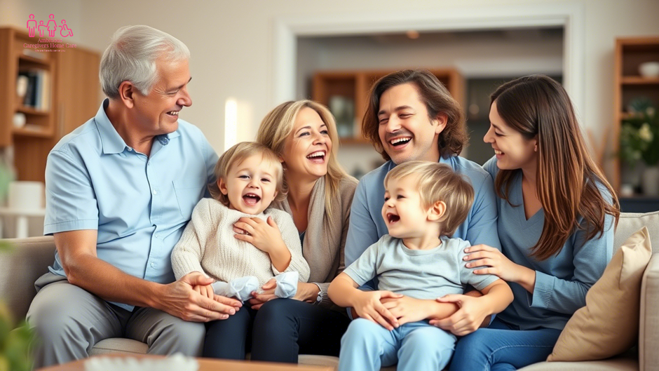 Family of six, three adults and three children, laughing on a couch in a cozy living room. Everyone is wearing blue, creating a warm mood.