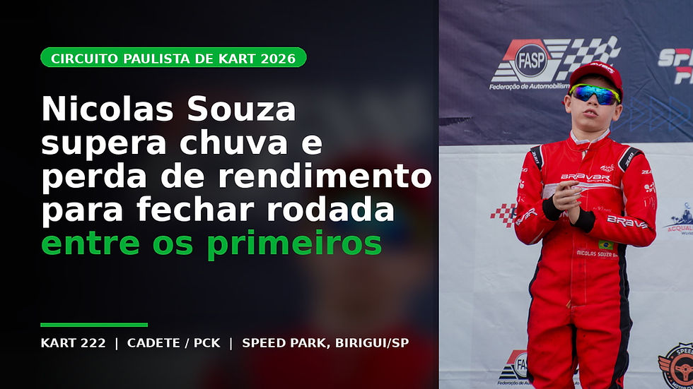 Nicolas Souza, do kart 222, em ação no Kartódromo Speed Park, em Birigui, durante rodada do Circuito Paulista de Kart 2026 na categoria Cadete/PCK.