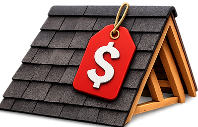 Illustration of a damaged roof with a dollar sign showing roofing financing options