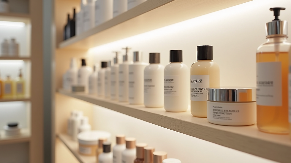 Close-up view of a Korean skincare shelf showcasing a variety of products