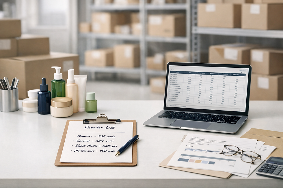 Retail buyer planning a Korean skincare wholesale test order with products, paperwork, and inventory notes on a clean desk.