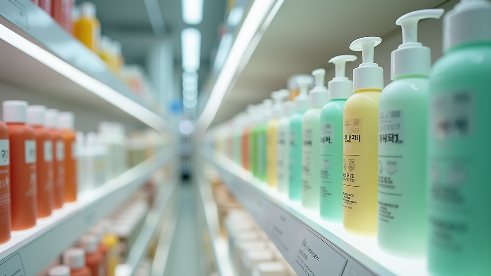 Eye-level view of neatly arranged Korean skincare products on retail shelves