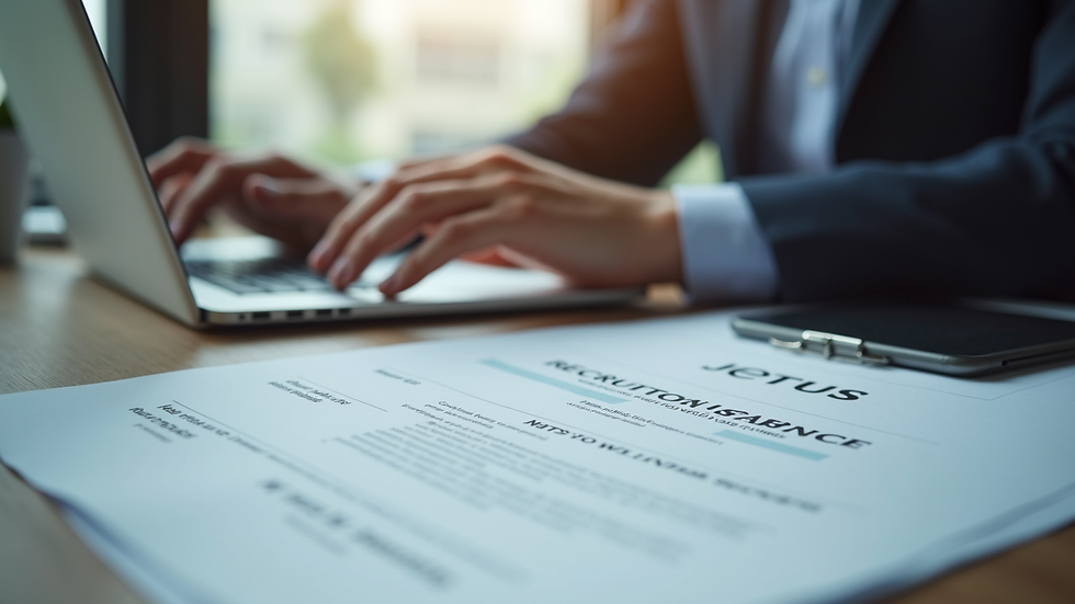 Close-up view of a recruiter reviewing resumes on a desk with a laptop