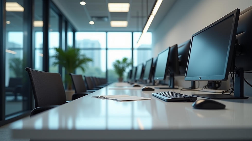 Eye-level view of a modern office workspace with computers and recruitment materials