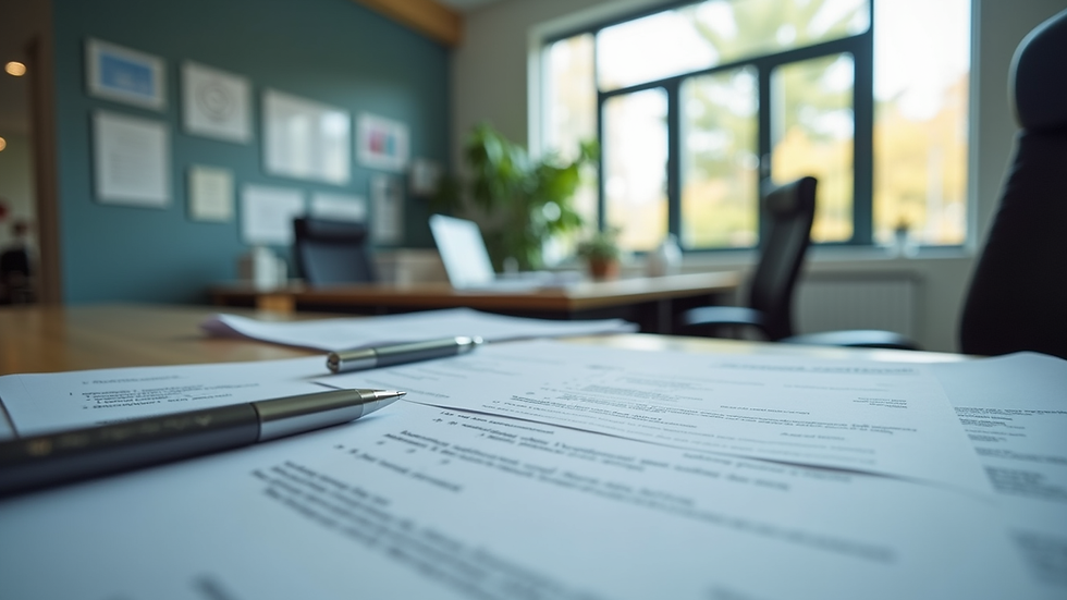 Eye-level view of a modern office workspace with recruitment documents