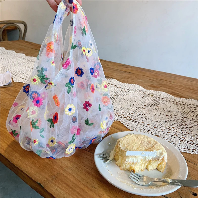 Organza Yarn Women Small Transparent Tote Mesh Cloth Bag Flowers Embroidery