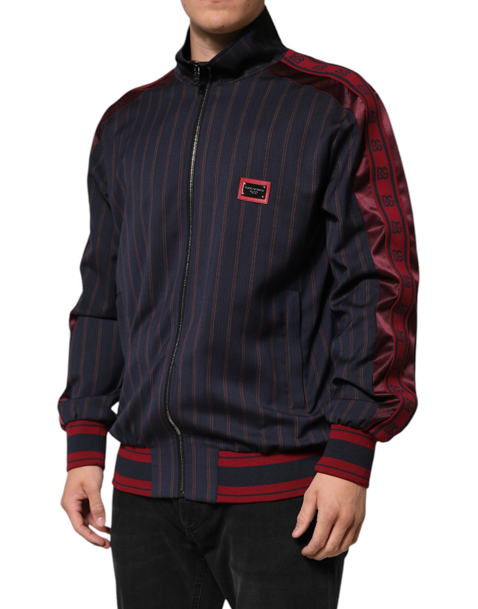 Thumbnail: Dolce & Gabbana Blue Red Striped Logo Plaque Full Zip Jacket
