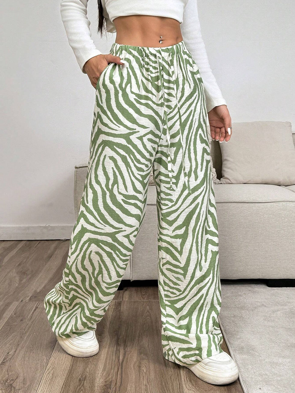 Thumbnail: Green Zebra Print Wide Leg Pants