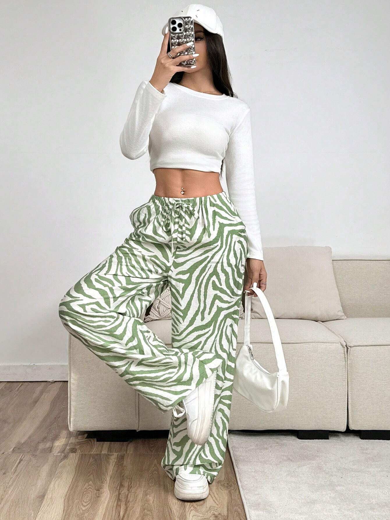 Green Zebra Print Wide Leg Pants