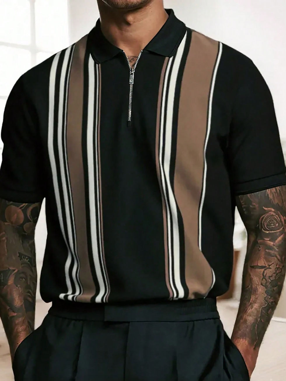 Thumbnail: Striped Zip-Up Polo Shirt