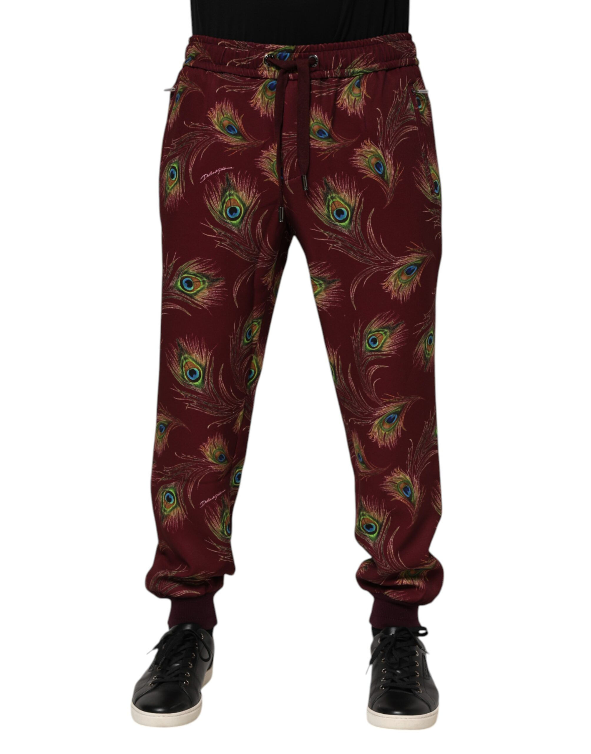 Dolce & Gabbana Burgundy Peacock Feather Print Jogger Pants