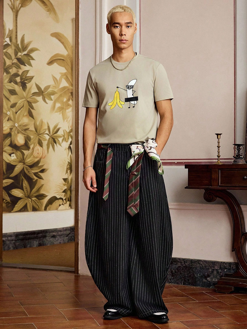 Thumbnail: Black Pin Stripe Embroidered Long Pants
