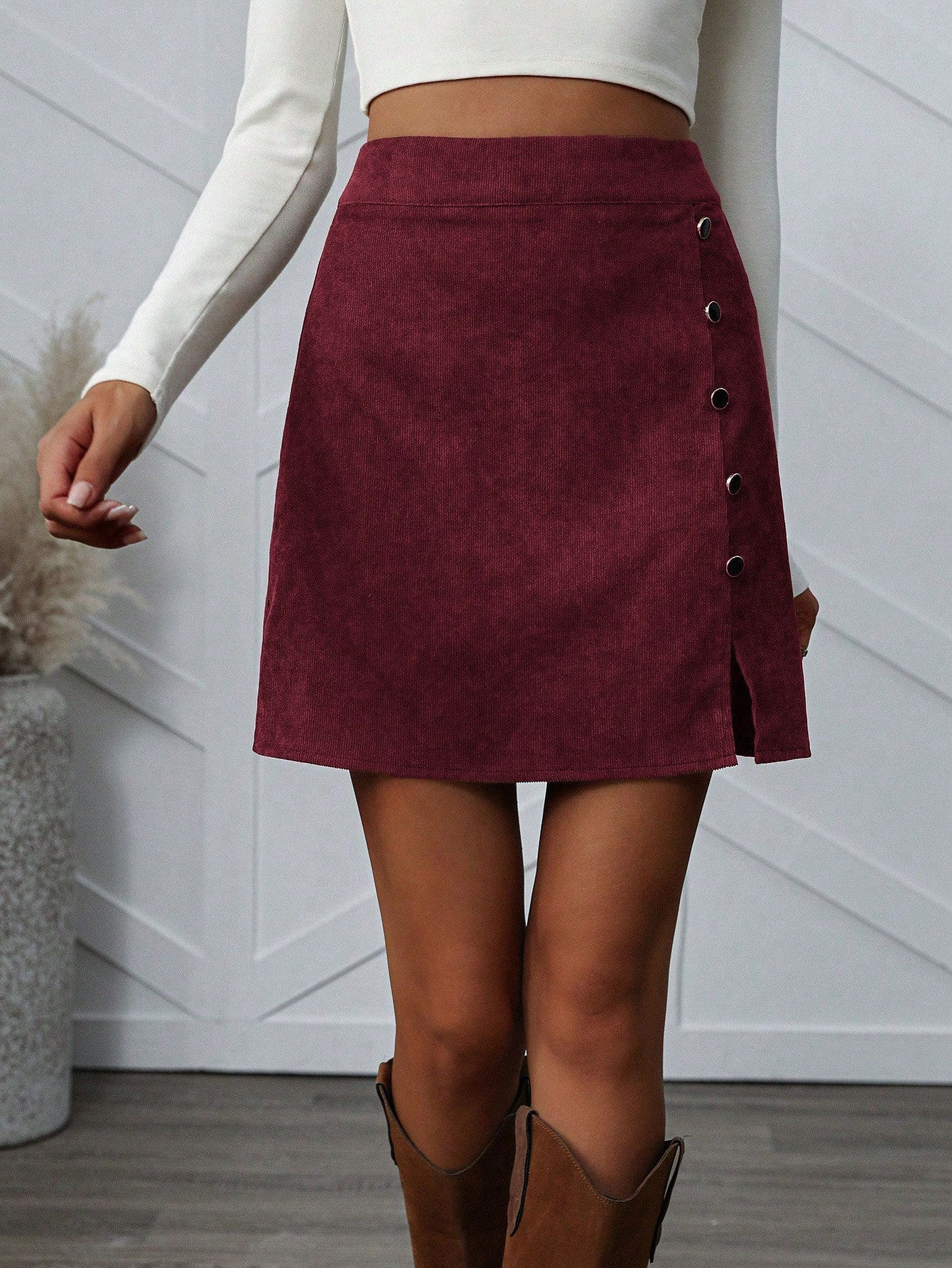 Corduroy Side Slit Button Up A-Line Skirt