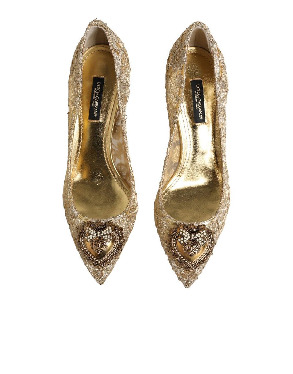 Thumbnail: Dolce & Gabbana Gold Taormina Lace DEVOTION Pumps Shoes