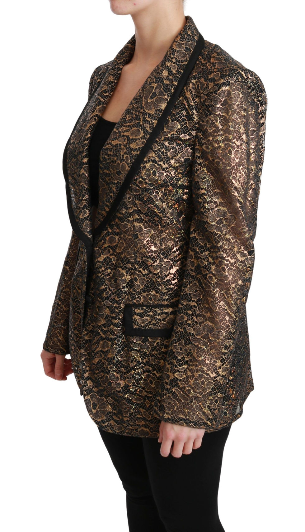 Thumbnail: Dolce & Gabbana Gold Black Lace Blazer Coat Floral Jacket