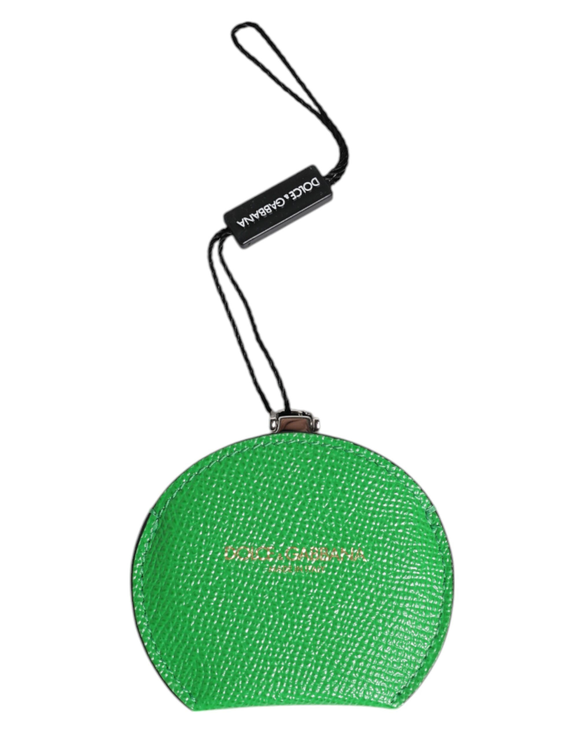 Dolce & Gabbana Green Calfskin Leather Round Logo Hand Mirror Holder