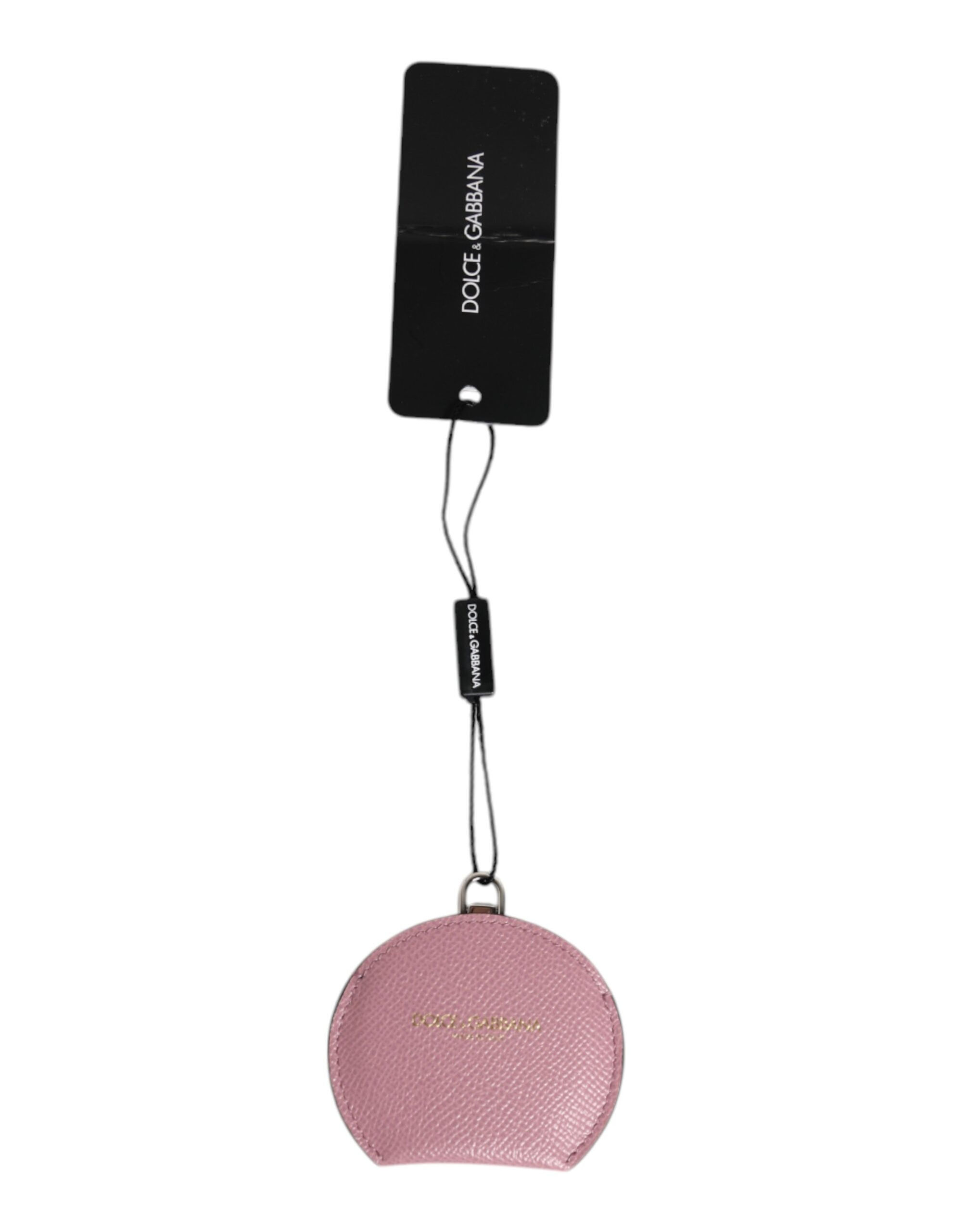 Dolce & Gabbana Pink Calfskin Leather Round Logo Hand Mirror Holder