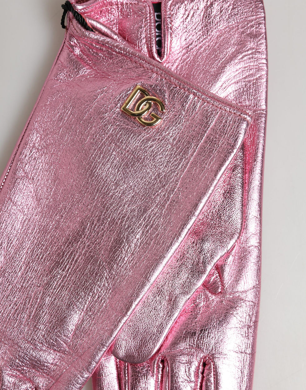 Thumbnail: Dolce & Gabbana Pink Leather DG Logo Wrist Length Mitten Gloves