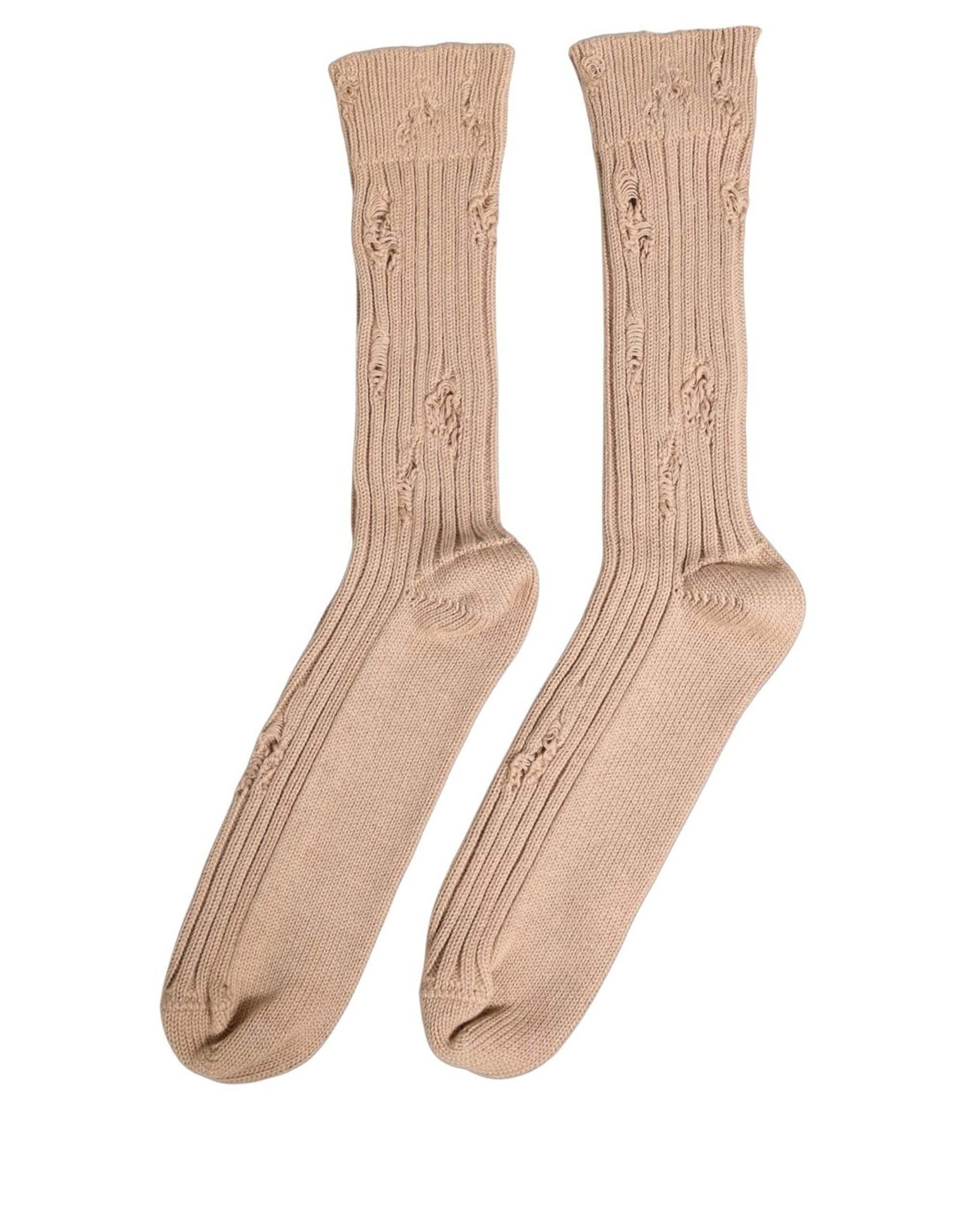 Dolce & Gabbana Beige Cotton Distressed Mid Calf Accessory Socks