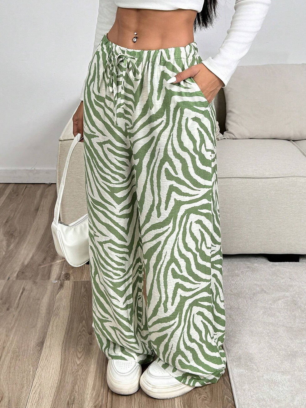 Thumbnail: Green Zebra Print Wide Leg Pants
