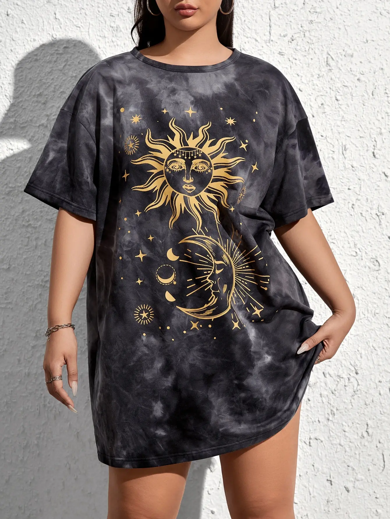 Sun & Moon Print Tie Dye Drop Shoulder Tee Dress