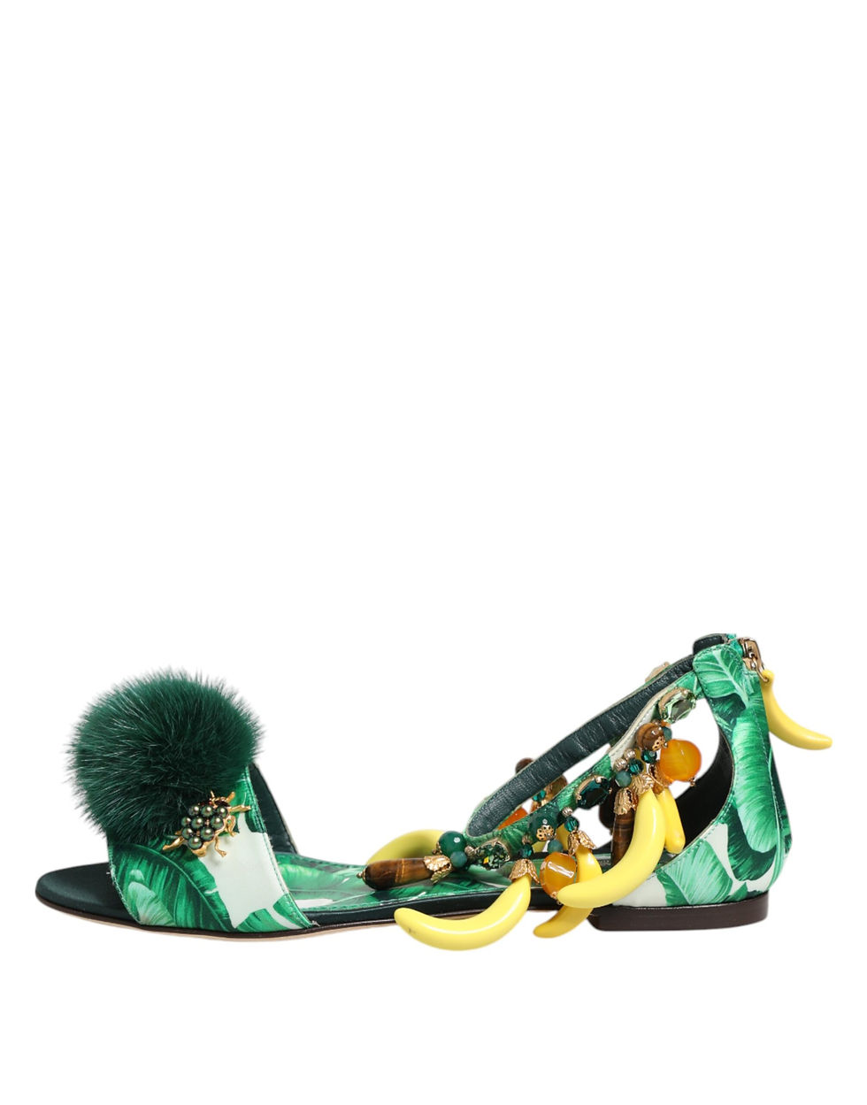 Thumbnail: Dolce & Gabbana Green Mink Fur Satin Banana Leaf Sandals Shoes