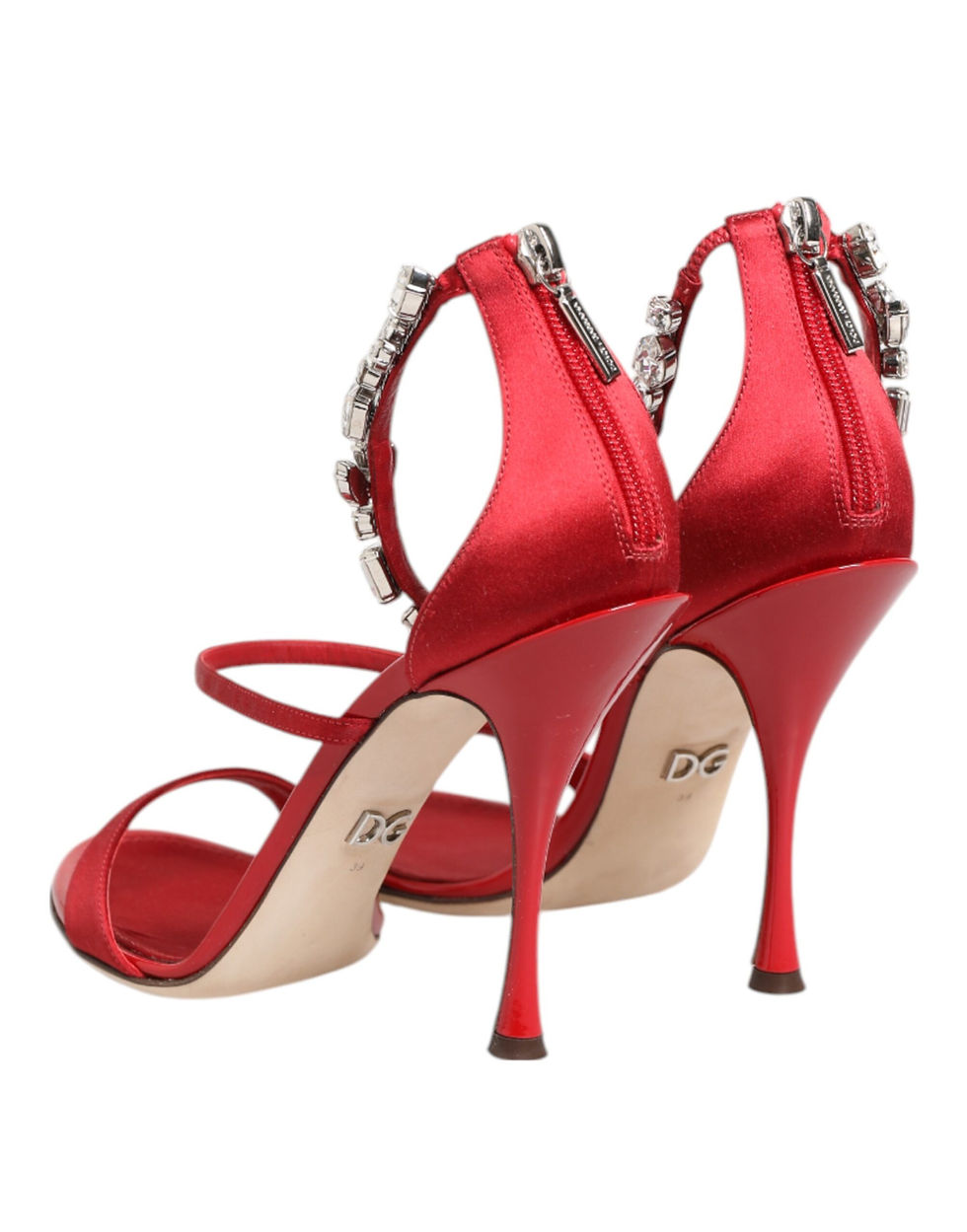 Thumbnail: Dolce & Gabbana Red Satin Crystals Keira Sandals Heels Shoes