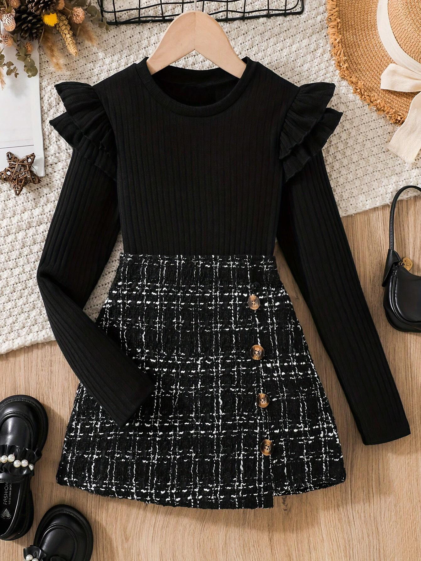 Girls Long Sleeve Top + Tweed Knit Skirt Set