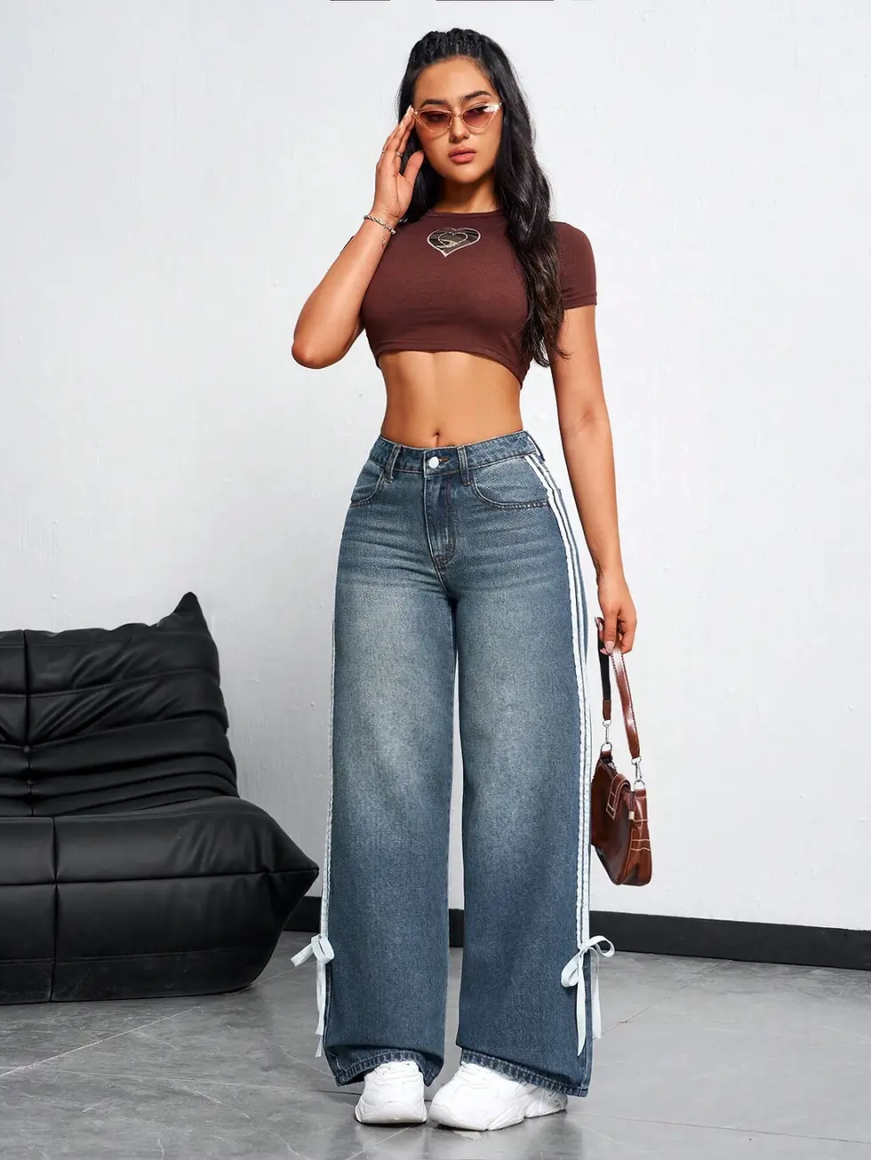 Side-Stripe Wide Leg Jeans