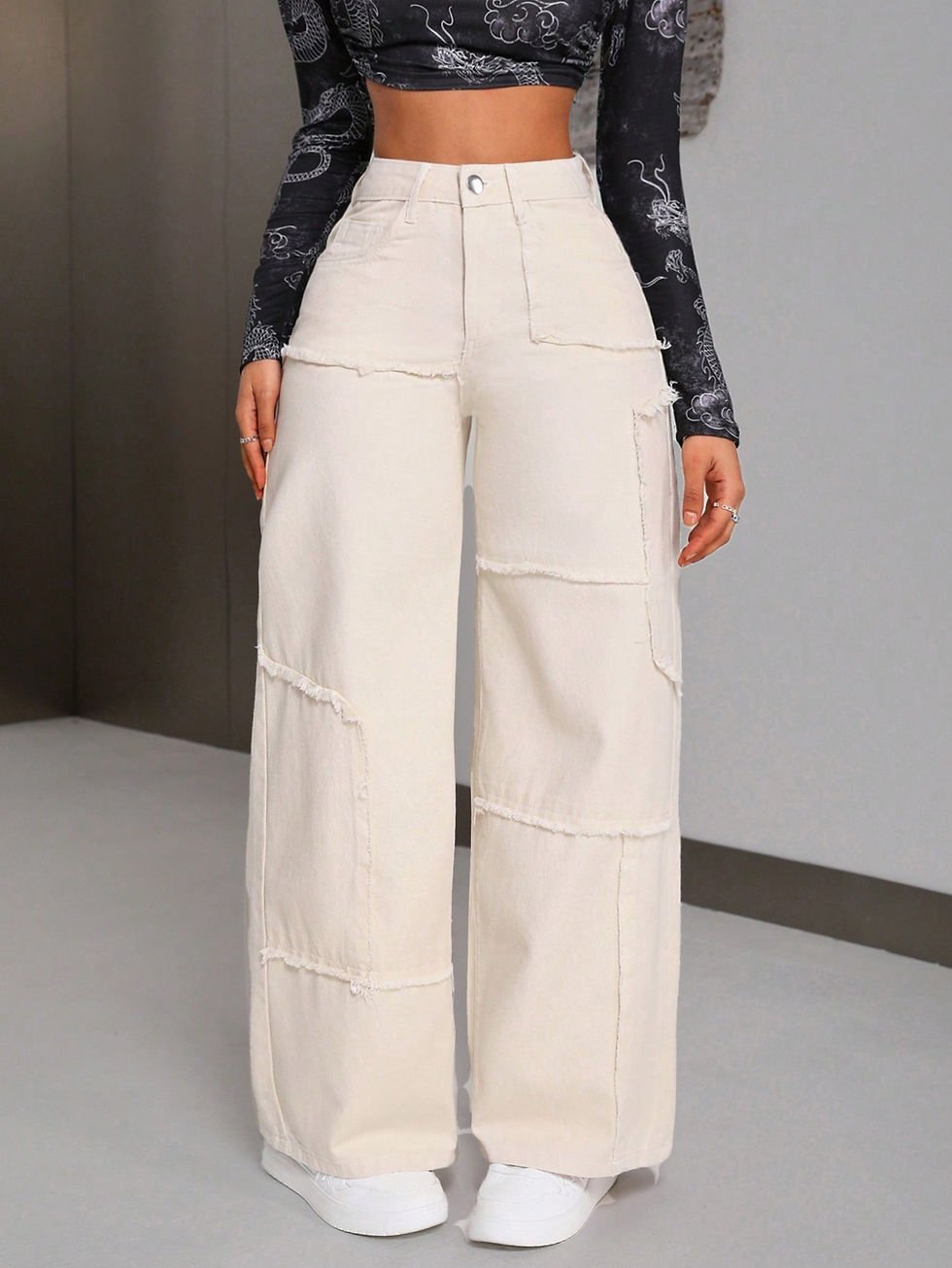 Thumbnail: High Waist Beige Patchwork Jeans