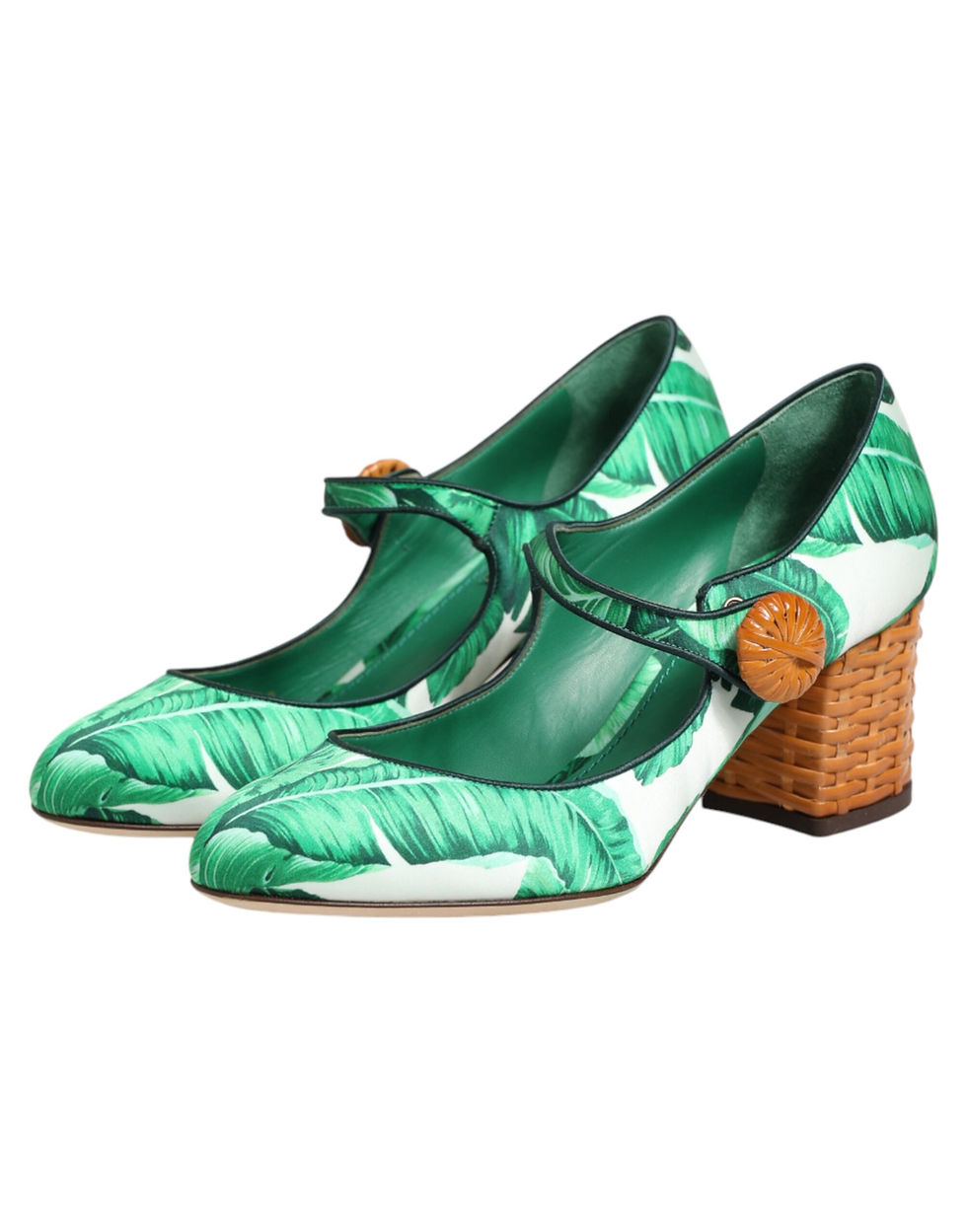 Thumbnail: Dolce & Gabbana Green Silk MARY JANES Leaf Sandals Shoes