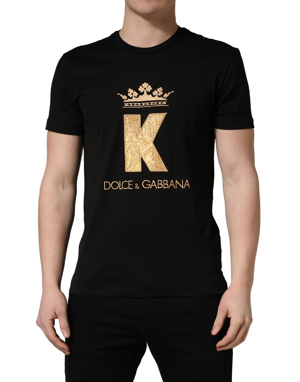 Thumbnail: Dolce & Gabbana Black King Patch Cotton Men CrewNeck T-shirt