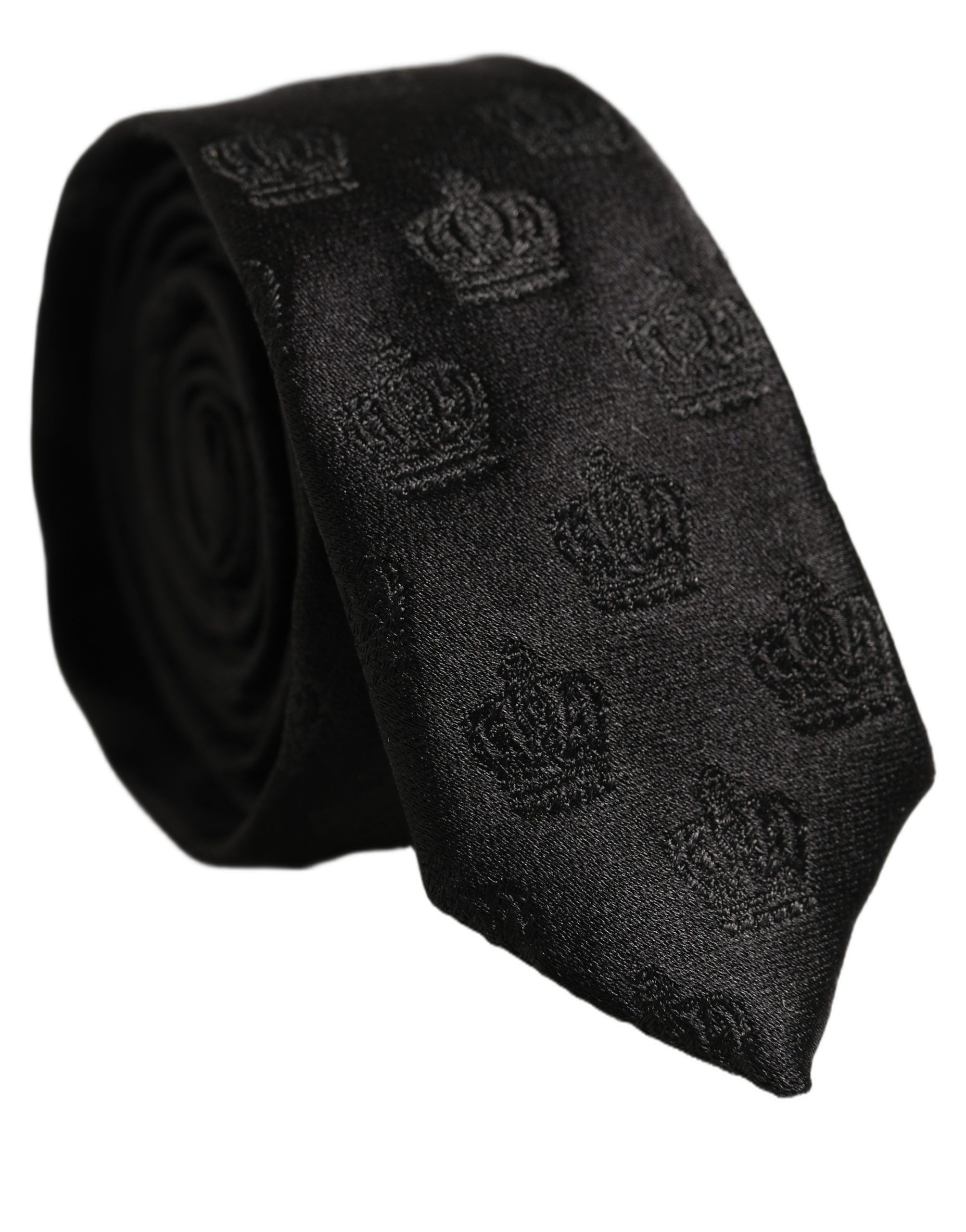 Dolce & Gabbana Men Black Crown Pattern Silk Adjustable Tied Necktie Tie